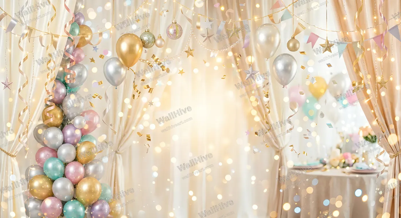 Pastel Birthday Balloons Curtain Background