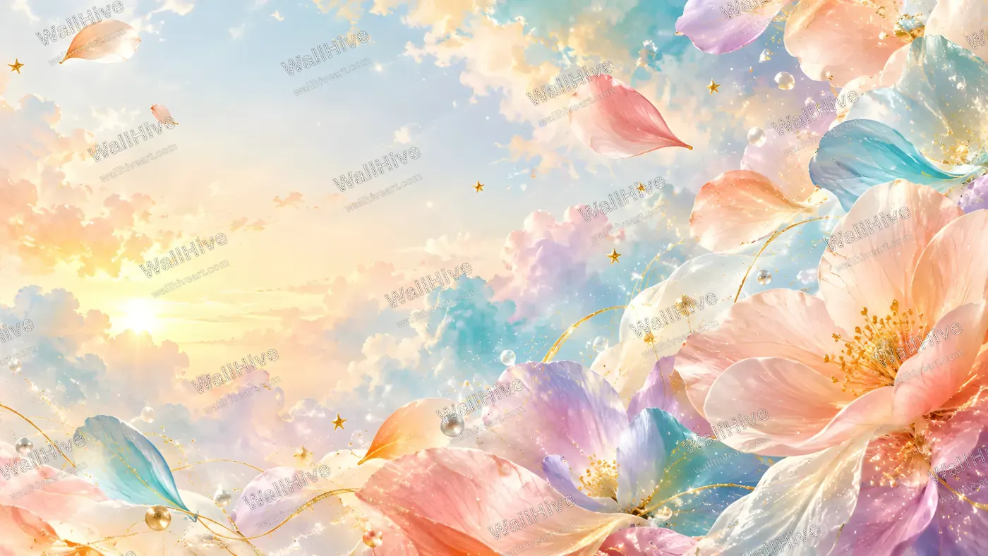 Pastel Flowers and Dreamy Sky Background  Slug: