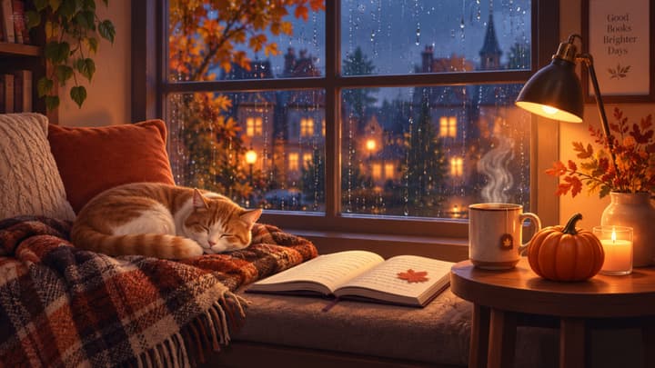 Cozy Autumn Cat by Rainy Window Wallpaper wallpaper