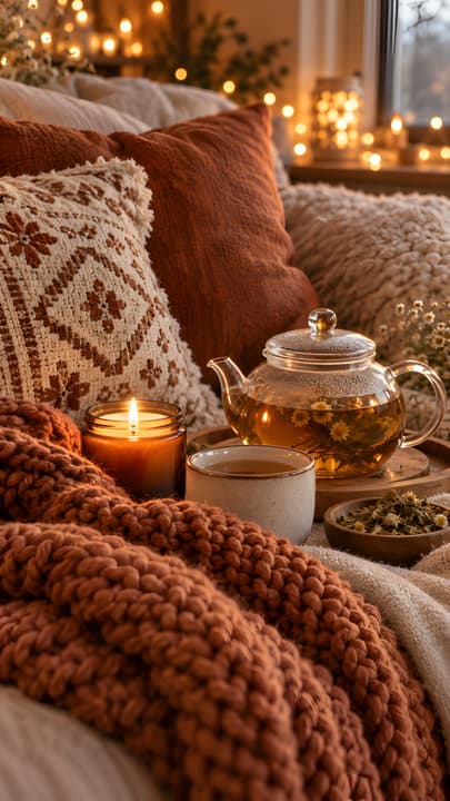 Cozy Autumn Tea by Candlelight 4K Wallpaper wallpaper