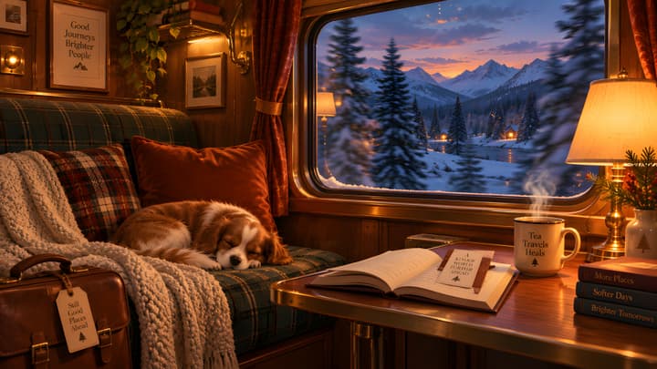 Cozy Winter Train Interior with Snowy Mountain View wallpaper
