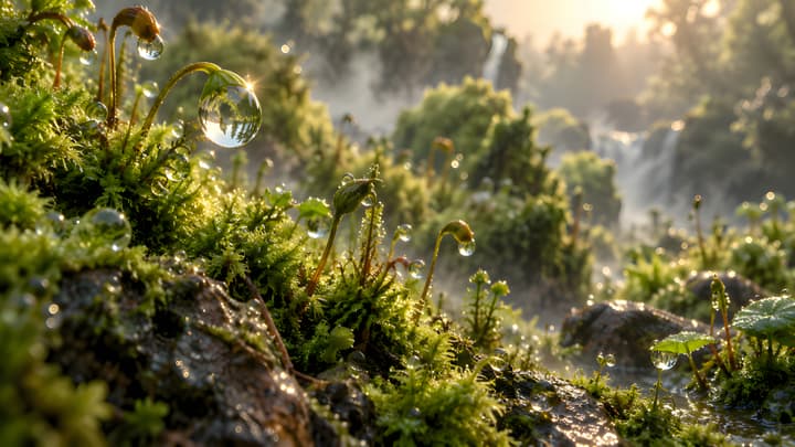 Crystal Moss Forest with Dew Drops – 8K Macro Nature Wallpaper wallpaper