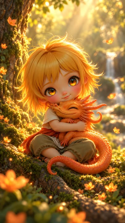 Cute Girl Hugging Dragon in Magical Forest Wallpaper wallpaper