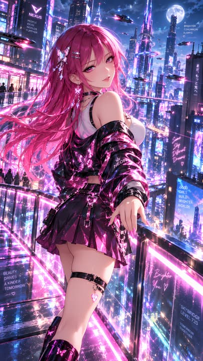 Cyberpunk Anime Girl in Neon City – Pink Hair 4K Wallpaper wallpaper