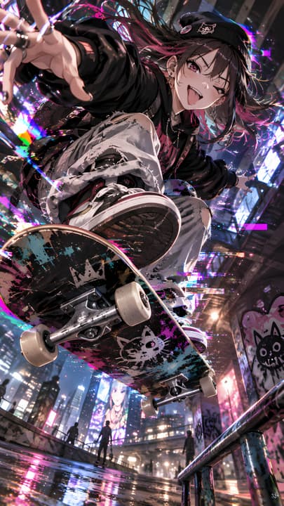 Cyberpunk Anime Skater Girl Glitch Jump – 4K Wallpaper wallpaper