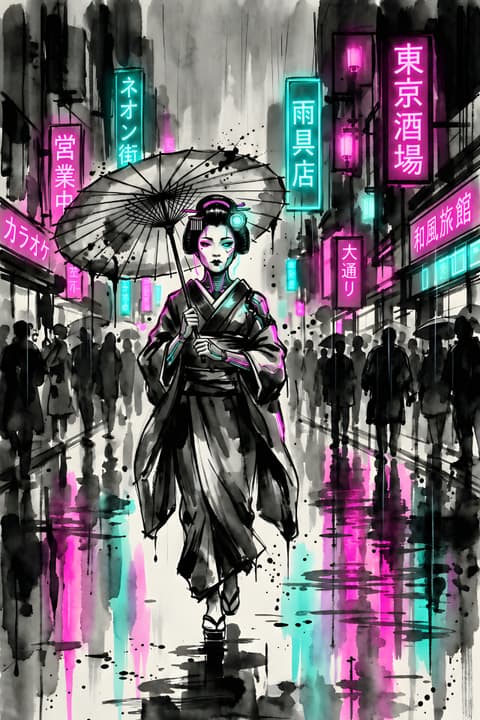 Cyberpunk Geisha in Neon Tokyo Ink Art Wallpaper wallpaper