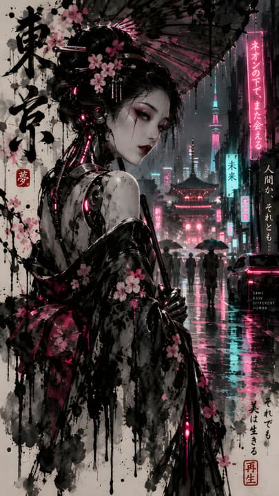 Cyberpunk Geisha in Neon Tokyo Sumi-e Wallpaper wallpaper