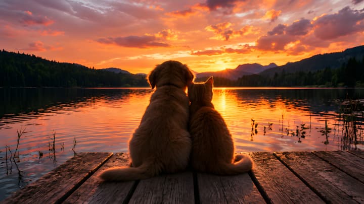 Dog and Cat at Sunset Lake wallpaper