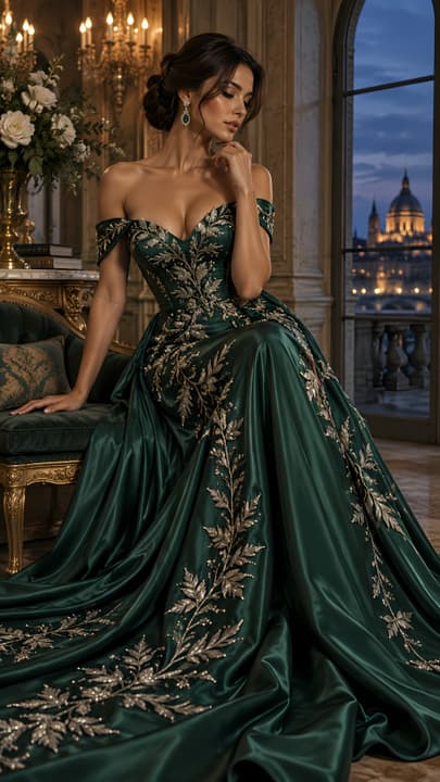Elegant Woman in Emerald Ball Gown Wallpaper wallpaper
