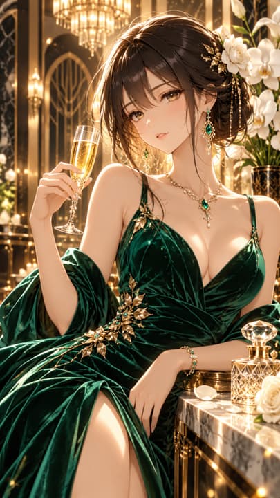 Emerald Velvet Elegance – Luxury Anime Woman Wallpaper wallpaper