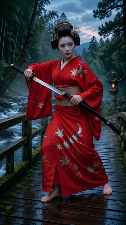 Female Samurai in Red Kimono with Katana 4K Mobile Wallpaper wallpaper
