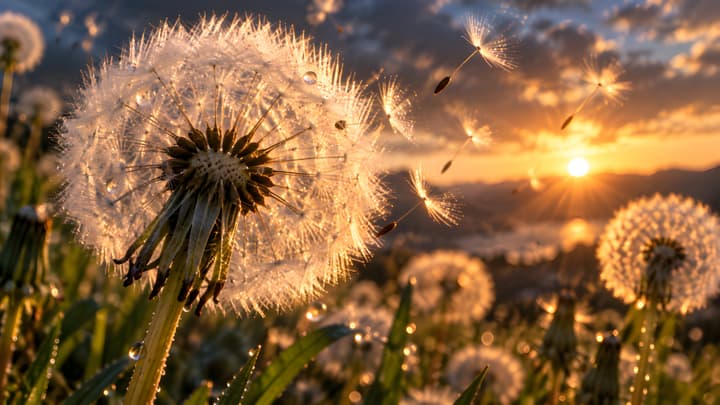 Golden Dandelion Seeds at Sunset 4K Wallpaper wallpaper