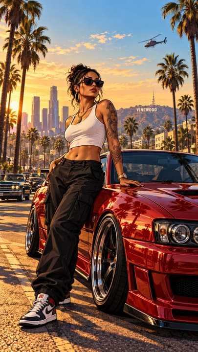 GTA 5 Style Girl & Red Car Phone Wallpaper – Sunset Drive wallpaper
