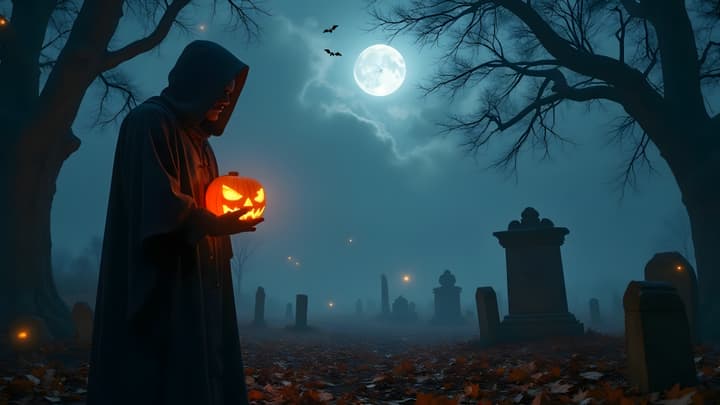 Hooded Figure with Jack O Lantern Halloween 4K Wallpaper wallpaper