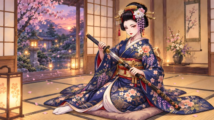 Japanese Geisha with Katana in Sakura Garden 4K Wallpaper | WallHive wallpaper