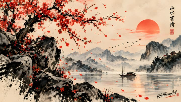 Japanese Ink Wash Red Blossom Landscape 4K Wallpaper wallpaper