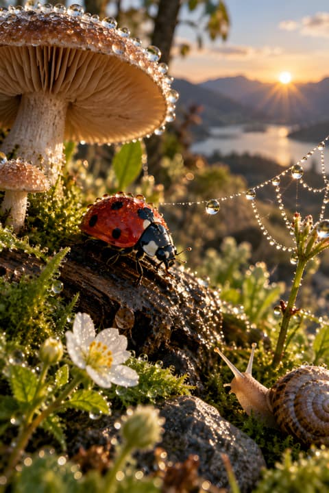 Ladybug and Mushrooms Macro Nature Wallpaper wallpaper
