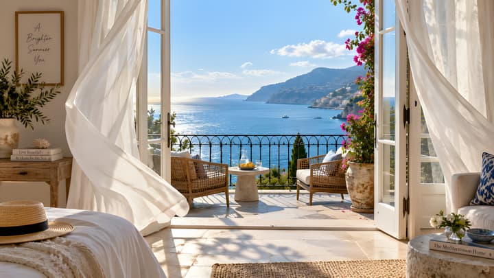 Mediterranean Bedroom Sea View Coastal Interior 4K Wallpaper wallpaper