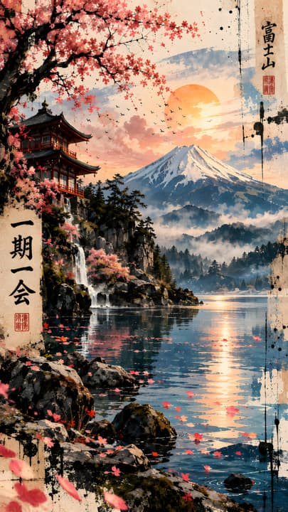 Mount Fuji Sakura Japanese Art 4K Wallpaper wallpaper