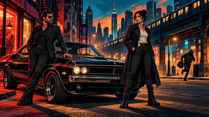 Neon City Crime Noir Detectives & Muscle Car 4K Wallpaper wallpaper