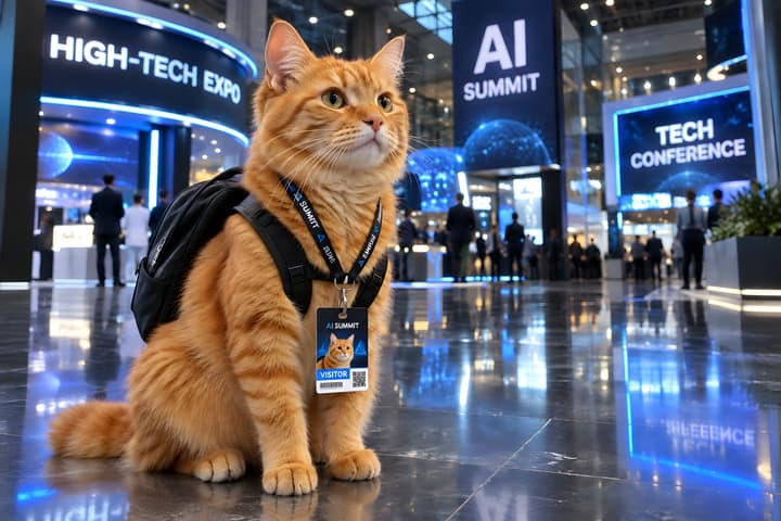 Orange Tabby Cat at AI Tech Conference 4K Wallpaper wallpaper