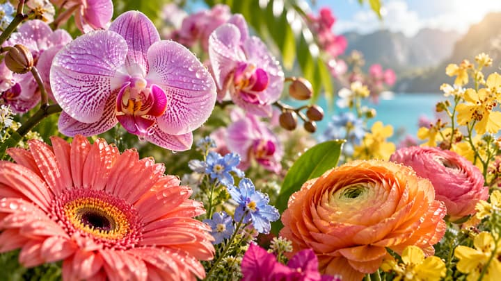 Orchid Spring Bloom Lake 8K wallpaper