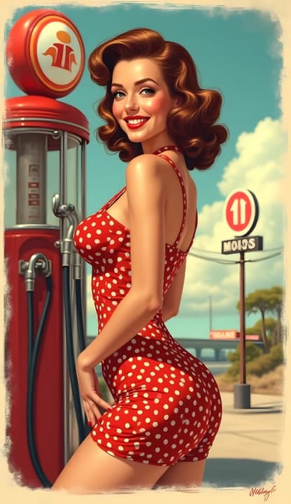 Retro Pin-Up Girl at Vintage Gas Station 4K Wallpaper wallpaper