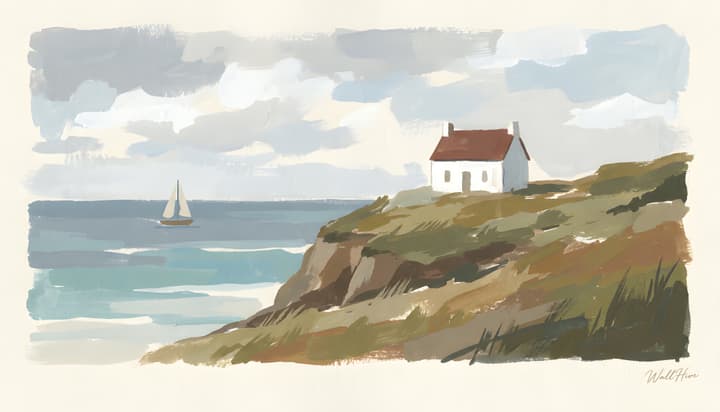 Seaside Cottage on a Cliff – Gouache Coastal Landscape wallpaper