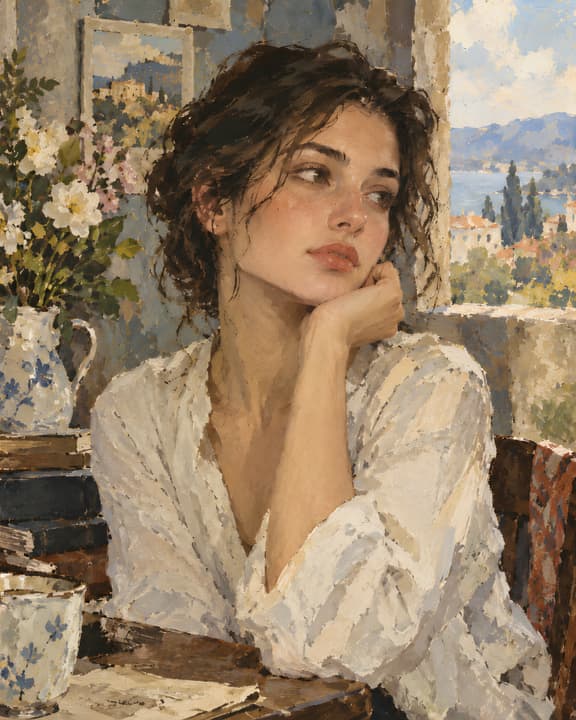 Thoughtful Woman by the Window – Gouache Portrait Art wallpaper