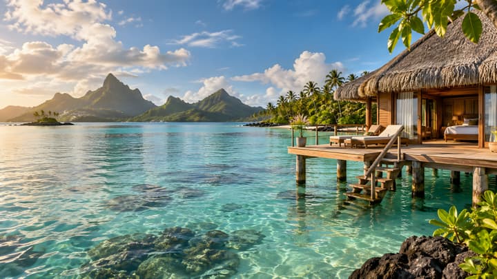 Tropical Lagoon Overwater Bungalow 8K Desktop Wallpaper wallpaper