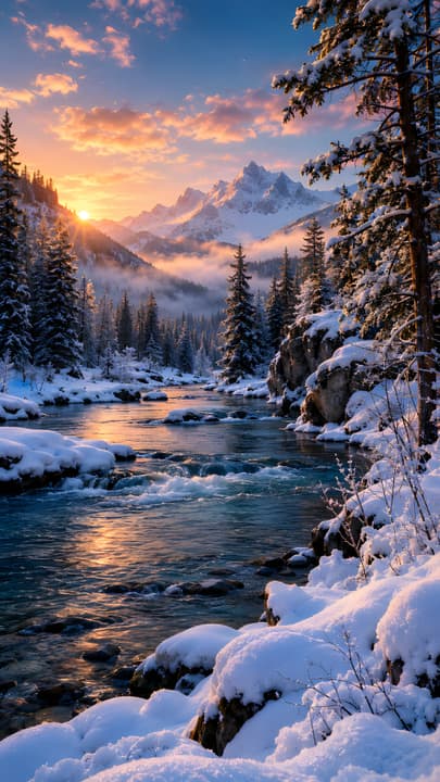 Winter Mountain River at Sunset wallpaper
