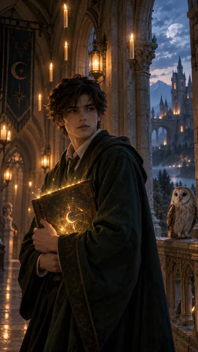 Young Wizard with Enchanted Book Fantasy Wallpaper wallpaper